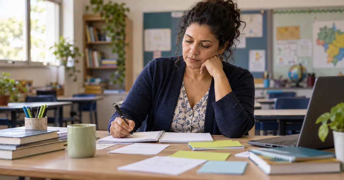 Professora revisa materiais de planejamento em uma sala de aula, com caderno aberto, cartões e um notebook ao lado